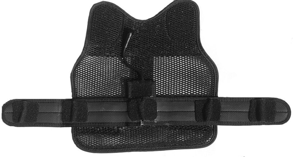 Image showing inside view of a VibroGuide mesh vest showing a vibration belt extending out from each side. The vibration belt has five vibration motors (shakers) spaced evenly.
