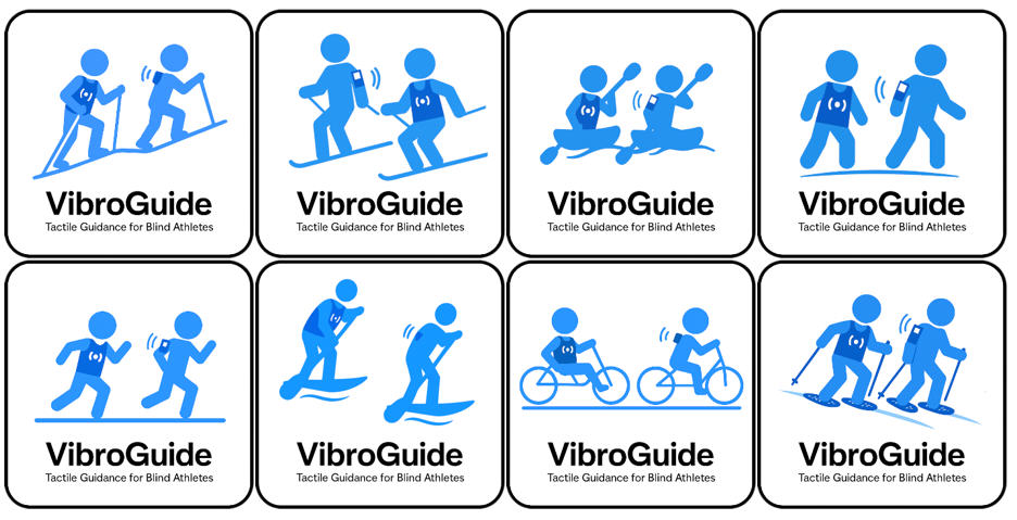 Eight images depicting two figures engaged in sports: hiking, skiing, kayaking, walking, running, paddleboarding, cycling and snowshoeing. Front figure in each images shows a guide wearing a radio beacon strapped to their arm. Back figures in each image is wearing a tactile vest.  Tagline on each image reads: Tactile Guidance for Blind Veterans.