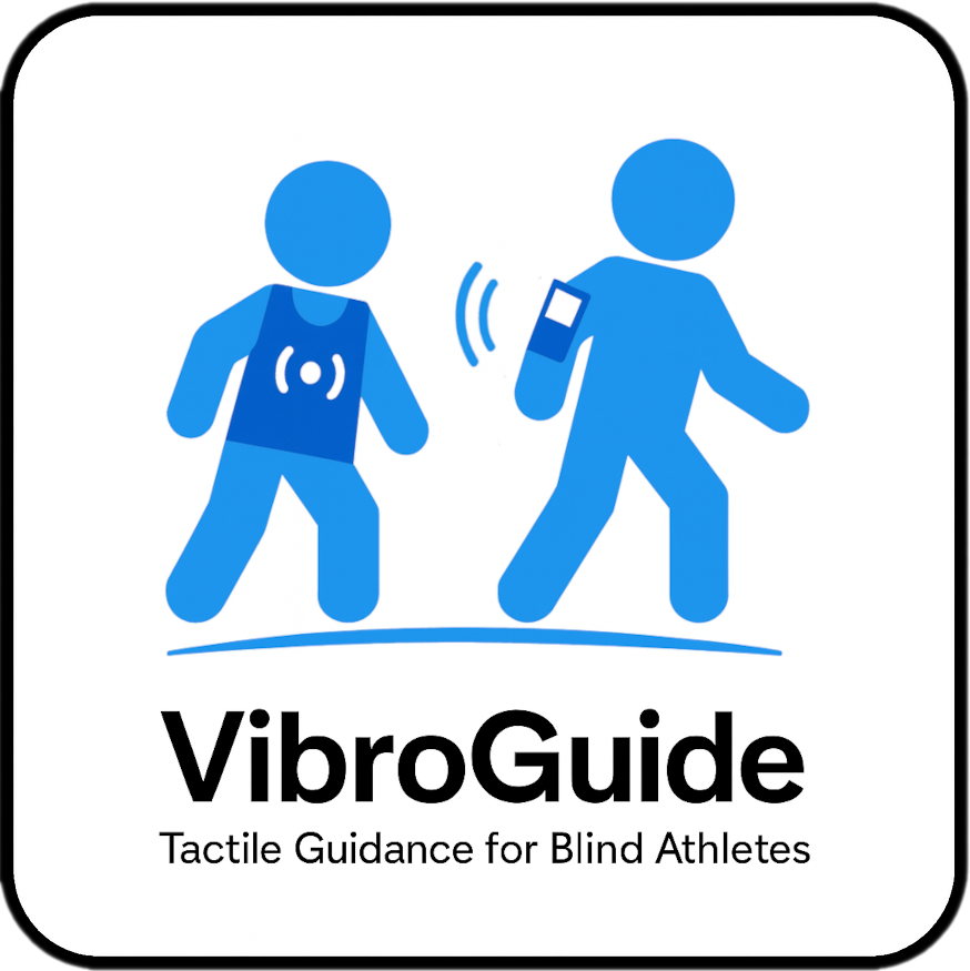 VibroGuide Logo.  Two figures walking single file. Front figure wearing a radio beacon on arm. Back figure wearing a tactile vest.  Tagline: Tactile Guidance for Blind Athletes.