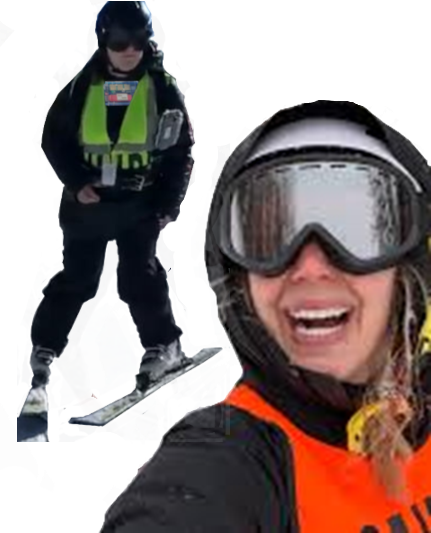Blind skier wearing VibroGuide vest in background with guide smiling in foreground.